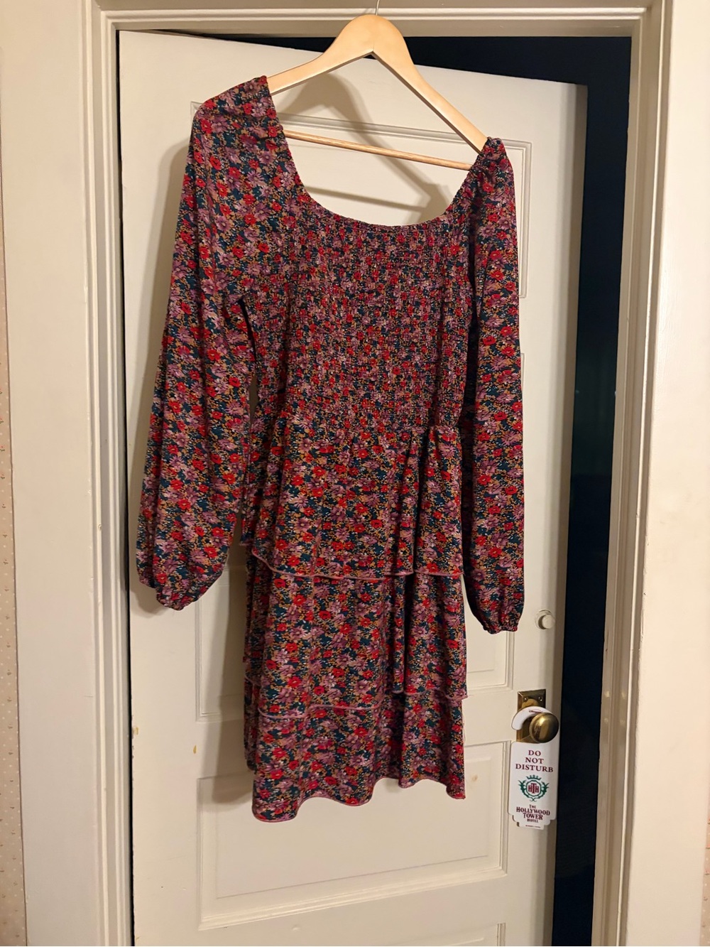 Smocked Long-Sleeve Tiered Floral Dress - Red Multi
